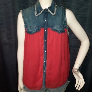 Red Ranch Denim And Red Sheer Fabric Pearl Snap Western Vest Shirt